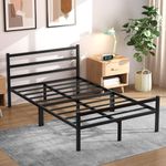 Yornoli Double Bed Frames with Headboard 4ft6 Black Metal Double Bed Frame with Storage Heavy Duty Non-Slip with Steel Slats No Box Spring Needed