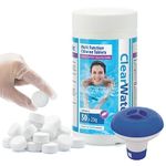 Swimming Pool Chlorine Cleaning Kit - Clearwater CH0019 Multifunction 4in1 Chlorine Tablets 1kg & Bestway 58210-17 Chemical Floating Dispenser with Card. Pool Chemical Starter Kit for Spa, Hot Tubs