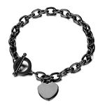 Wang Gao Elegent Love Stainless Steel Link Chain Blank Heart Charms Bracelet for Women Fits 6.27-7.24" Wrist Toggle Clasp Closure,Black