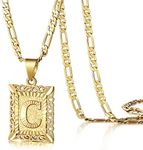 KissYan Initial Letter Pendant Necklace for Men Womens, 14K Gold Plated Square Capital Monogram Necklace Silver Alhpabets from A-Z Figaro Chain Necklace, Brass