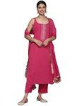 Varanga Women Pink Round Neck, Spaghetti Strap Style Straight Kurta Paired With Tonal Bottom And Dupatta