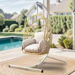 YITAHOME Wicker Swing Egg Chair with Cushions 350lbs, Foldable Hanging Basket Chair W/Stand Rattan Hammock Chair for Outdoor, Indoor, Patio, Bedroom - Beige