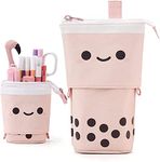 FINEMOE Polyester Standing Pencil Case Cute Pencil Pouch For Girls & Boys - Korean Boba Pop Up Stationery Makeup Cosmetic Organizer Box, Pen Pencil For Boys Kids Women School Students (Pink)