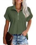 Vivilli Womens Polo Shirts Women's Short Sleeve Tops and Blouses Zippered Collared Business Casual Tops Loose Fit Work Polo, Army Green, X-Large