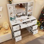 onesaimei Makeup Vanity Desk with Mirror and Lights, Makeup Vanity with Storage Drawers & Power Outlet, Dressing Table for Women White