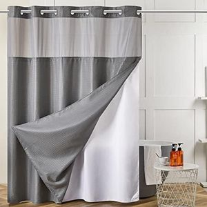 Furlinic Stall Size No Hook Shower Curtain with Snap in Liner,Waffle Weave Heavy Duty Fabric Bathroom Curtains with See Through Top Window,Waterproof & Machine Washable,Grey,48x72 Inch