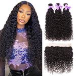 Peruvian Hair Water Wave 3 Bundles with Frontal 13x4 Free Part Lace Frontal 100% Virgin Human Hair Bundles Peruvian Hair Extensions Natural Black Color(20 22 24 + 18 frontal)