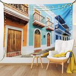 Ambesonne Puerto Rico Tapestry, Street in Old San Juan with Colorful Houses by The Sea Caribbean Architecture, Wide Wall Hanging for Bedroom Living Room Dorm, 80" X 60", Multicolor