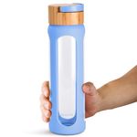 HYDRATE Bottles | Clear and Transparent 650ml Water Bottle with Light Blue Silicone Sleeve - BPA-Free - Stylish and Functional Glass Bottle - Leak-proof and Ideal for Outdoor Adventures and Daily Use