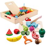 Wooden Play Food, Wooden Food Toys, Wooden Food for Play Kitchen, Wooden Fruit and Vegetables for Children, Cooking Simulation Educational Toys for 3 Year Old Boys Girls