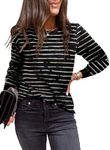 EVALESS Womens Fashion Striped Print Tops Round Neck Long Sleeve Shirts Trendy Fall 2024 Outfits Lightweight Loose Sweatshirts Black Large