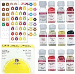 Lorann Oils Flavoring Super Strength Variety Pack 12 Premium Flavor Extracts (1/8 oz) and Recipe Book for Baking & Candy Making - Green Apple, Strawberry, etc - Includes 70+ Pixiss Stickers for Labeling