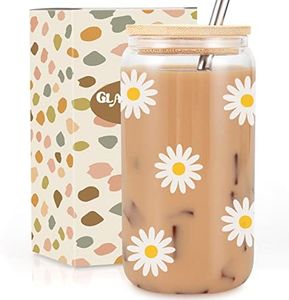 GSPY Daisy Aesthetic Cups, Iced Coffee Cup, Cute Glass Cups with Lids and Straws - Iced Coffee Glasses, Flower Mug Cup, Glass Tumbler - Christmas, Birthday Gifts for Women, Coffee Lovers, Girl