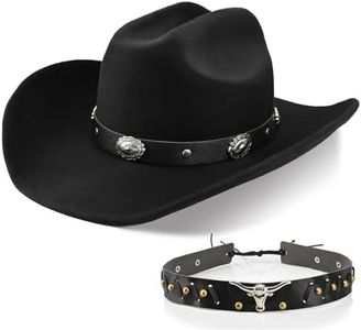 100% Wool Western Cowboy Hat for Men's Women's Classic Fedora Hat Felt Cowgirls Hats with Two Decorative Bands (US, Alpha, Large, X-Large, Black-C)