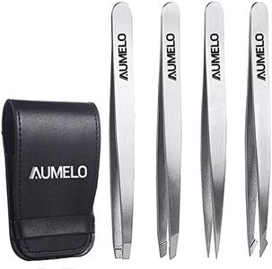 Tweezers Set 4-Piece Professional Stainless Steel Tweezers Gift with Travel Case by Aumelo - Best Precision Eyebrow and Splinter Ingrown Hair Removal Tweezer TipNo Colored & Chemical Free