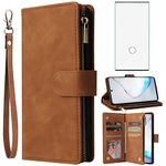 Asuwish Compatible with Samsung Galaxy Note 10 Plus Glaxay Note10+ 5G Wallet Case Tempered Glass Screen Protector and Card Holder Phone Cases for Gaxaly Note10 + Notes 10+ Ten Not S10 10Plus Brown