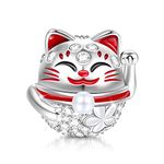 Lucky Cat Charms 925 Sterling Silver “Wish You Luck” Cute Cat Bead Charm with Cubic Zirconia Fit All Bracelet Necklace Gifts for Daughter & Friends Pet Lovers, Silver, Cubic Zirconia