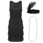 Black Deluxe Flapper Dress - Small - Ladies Deluxe Black Flapper Costume with Matching Sequin Headband, and Silver Pearl Necklace - 1920's Party Dress