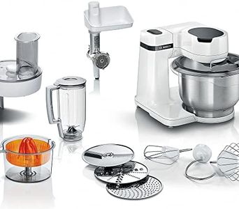 Bosch électroménager MUMS2EW40, Robot de Cuisine, avec Une Puissance 700 Watts, Set de pâtisserie, Hachoir à Viande, Presse-Agrumes, mixeur en Plastique, broyeur continu à 3 disques, Blanc
