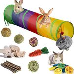 Rabbit Toys, Large Bunny Hideout Tunnel and Tube with Chew Toys for Grinding Teeth Apple Sticks Bamboo Carrot Loofah and Grass Ball for Rabbit Guinea Pig Chinchilla Ferret Rat