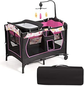 COSTWAY Cuna de Viaje Plegable para Bebé con Colchón Cambiador, Parque Infantil Cuna Bebe con 3 Juguetes, Caja de Música y Bolsa de Transporte, Cuna Bebe con Colecho (Rosa)