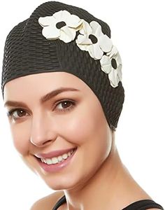 (Black with White Flowers) - Beemo Swim Bathing Caps for Women & Girls - Retro Style Latex Bubble Crepe Swimming Hat with 3 Flowers for Long/Short Hair
