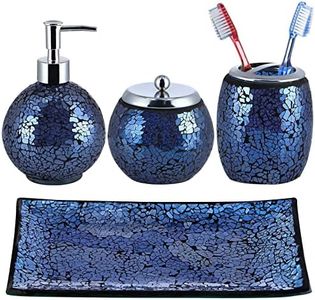 Sanbege 4 Pcs Mosaic Glass Bathroom Accessories Set, Modern Luxury Bath Ensemble, Includes Soap Dispenser, Cotton Swab Jar, Toothbrush Holder, Vanity Tray (Shiny Blue)