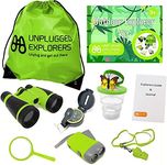 Unplugged Explorers 9 Piece Kids Outdoor Explorer Kit-- Backpack, Binoculars, Flashlight, Compass, Bug Collector, Whistle, Magnifying Glass, and Journal. Boy/Girl STEM…