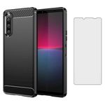 Asuwish Compatible with Sony Xperia 10 V Case and Tempered Glass Screen Protector with Shockproof Slim Silicone Wireless Charging Carbon Fiber Phone Cover for 10v Xperia10V Women Men Black