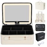 Faquenc Makeup Case with Light Up Mirror Travel Makeup Bag with Led Mirror Portable Cosmetic Case with Brush Holder Dividers, White