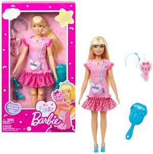 Barbie - La Mia Prima Barbie, giocattolo per bambini 3+ anni, Bambola alta 34 cm con busto morbido e arti snodati, abito rosa e una borsetta a forma di cuore, accessori e cucciolo di peluche, HLL19