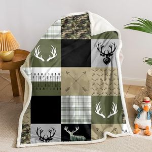 AILONEN Hunting Camo Deer Fleece Sherpa Blanket,Army Green Antlers Rustic Throw Blanket,Deer Blanket Soft Cozy Sherpa Blanket for Boys Men 47 x 31 Inches