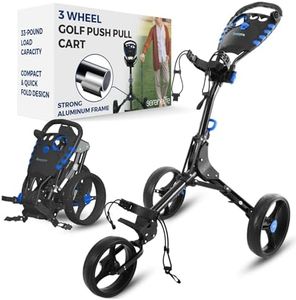 SereneLife 3 Wheel Golf Push Cart - Lightweight Folding Golf Walking Push Cart Roller Golf Bag Holder w/Upper/Lower Bracket w/Elastic Strap, Scorecard, Cup, & Bag Storage Holder - SereneLife SLG3W