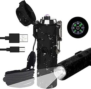 EzLife 3 in 1 Waterproof Rechargeable Electric Lighter with Flashlight & Compass, Dual Arc Plasma Beam Lighter-USB Rechargeable-Windproof-No Butane-Indoor & Outdoor Activities (Black)