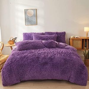 FOPPA Dark Purple Faux Fur Comforter Cover Set Ultra Soft Plush Bedding Sets 3 Pieces (1 Faux Fur Duvet Cover + 2 Faux Fur Pillow case) Zipper Closure (Queen, Dark Purple)