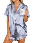 Ekouaer Womens Satin Pajamas Short Sleeve Silk Sleepwear Button PJ Nightwear Set Grey Blue Striped, Medium