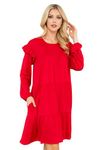 RIAH FASHION Pleated Empire Waist Pocket Jersey Midi Dress - Comfy Round Neck 3/4 Sleeve Shirred Long Swing A-line Dress, Ruffle Sleeve Tiered Dress - Red, X-Large