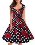 Bbonlinedress Women Short 1950s Retro Vintage Cocktail Party Swing Dresses, Black White Rose, M