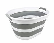 SAMMART - 23L Collapsible Plastic Laundry Basket - Oval Tub/Basket - Foldable Storage Container/Organizer - Portable Washing Tub - Space Saving Laundry Hamper (1, White/Grey)