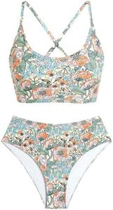ZAFUL Women's Crisscross Ruched High Waisted Bikini Set Two Piece Floral Print Swimsuit Lace Up Padded Tankini Floral XL