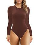 SHAPERX Bodysuit for Women Long Sleeve High Stretch Leotard Top Thong Jumpsuit Crew Neck Fits Everybody, UK-SZ5242-Cocoa-S