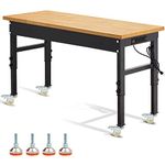 Antifir 60" Adjustable Workbench,Rolling Heavy-Duty Worktable with Power Outlet and Wheels,Large Load Capacity Rubber Wood Top Workbench for Garage,Office,Workshop,Home, Easy Assembly, Black