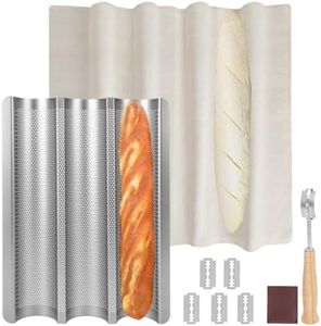 Barlket Baguette Pan, Baguette Bread Pan Perforated, Nonstick French Bread Baking Pan 3 Loaves with Proofing Cloth, Dough Cutter Kit for Home Baker, Baguette Tray 15x11 Inch Silver Bread Pan