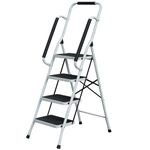 Gr8 Home Portable 4 Step Ladder Foldable Stool Non Slip Tread Heavy Duty Metal Steel Compact Folding Home DIY With Safety Grab Rail Banister Bar Handrail Support