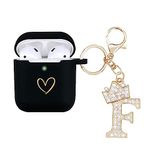 AIIEKZ Compatible with AirPods Earbuds Case Cover, Soft Silicone Charging Case with Gold Heart Pattern for AirPods 2&1 Generation Case with Rhinestone Studded Letter A-Z Keychain (F Black)