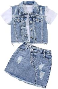 WDIRARA Girl's 2 Piece Outfit Ripped Raw Hem Denim Jacket and Mini Skirt Set Medium Wash 7Y