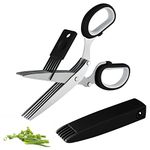 Joyoldelf Gourmet Herb Scissors Set - Master Culinary Multipurpose Cutting Shears with Stainless Steel 5 Blades, Safety Cover and Cleaning Comb for Cutting Cilantro Onion Salad (Black)