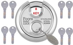 Foora Stainless Steel, Hardened Shackle, Glossy Rust Resistance Disc 90mm Door Polished Steel Lock with with 8 Hi-Tech Brass Separate Keys (Silver)