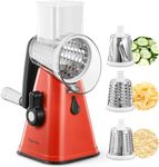 Rotary Cheese Grater, Reemix Rotary Vegetable Slicer, Rotary Kitchen Mandoline Vegetable Slicer with 3 Replaceable Stainless Steel Blades (Red)