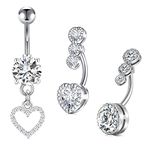 MODRSA 14 Gauge Belly Button Rings Stainless Steel Heart Dangle Triple Diamond CZ Belly Button Bar 10MM Navel Piercing for Women 3PCS Belly Piercing - Silver